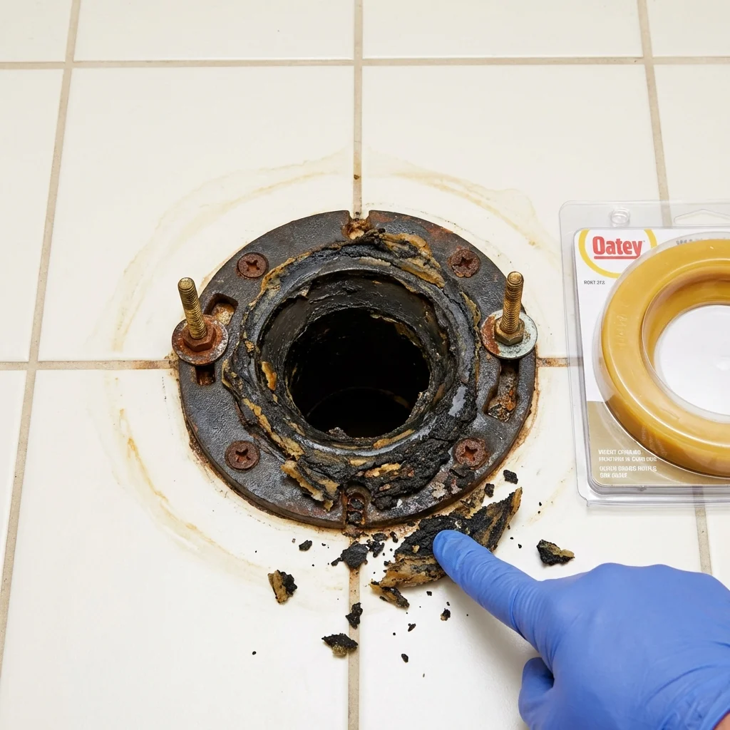 Failed wax ring showing water seepage at the base of a toilet in a Salisbury, VT home